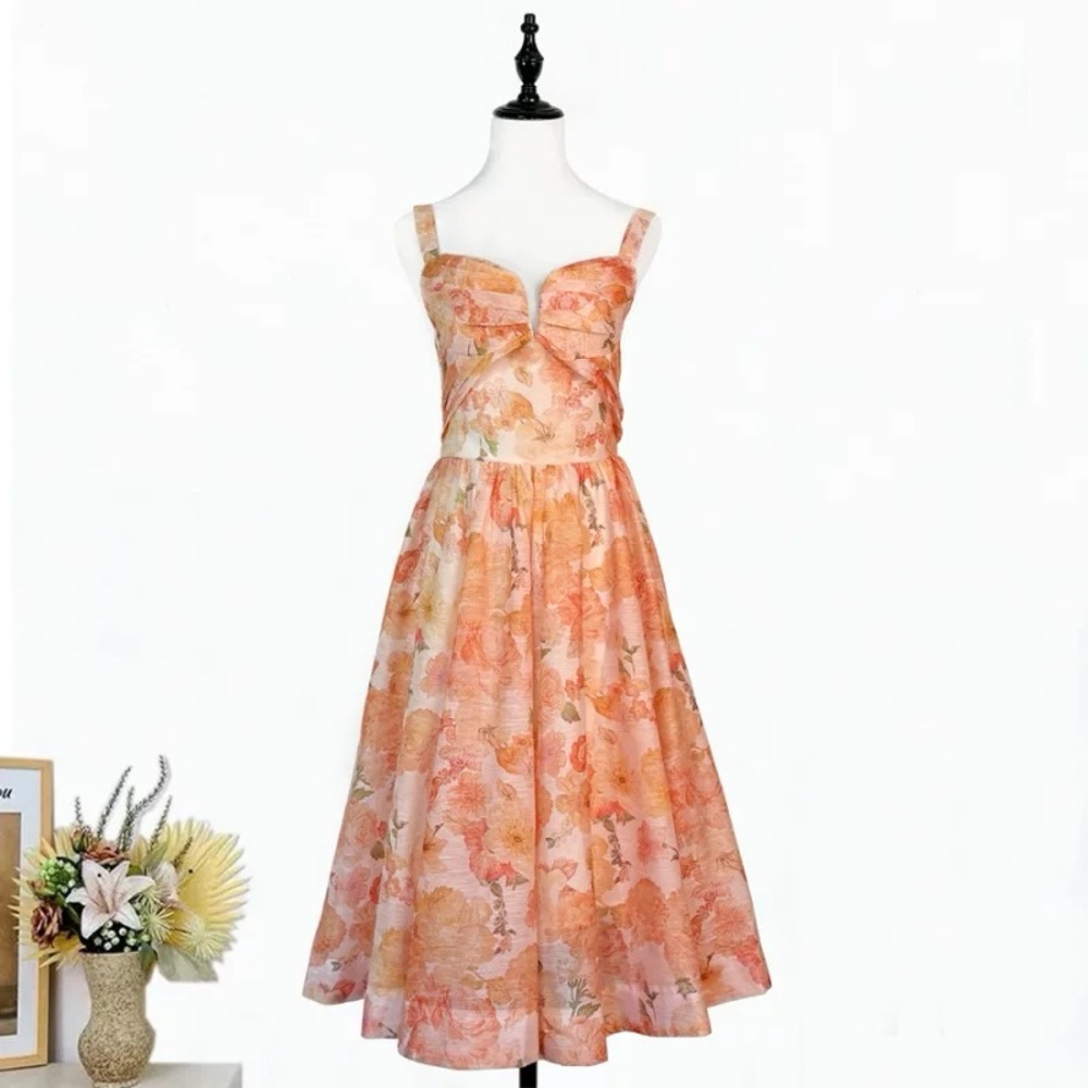 Designer-style Floral Peach Midi Dress